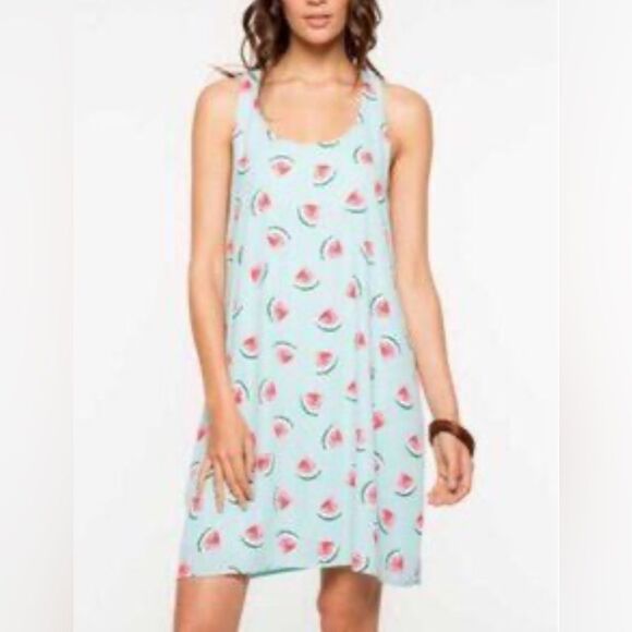 Everly Sleeveless Razorback Lined Blue Dress with Watermelon Print Size Medium - Picture 1 of 9